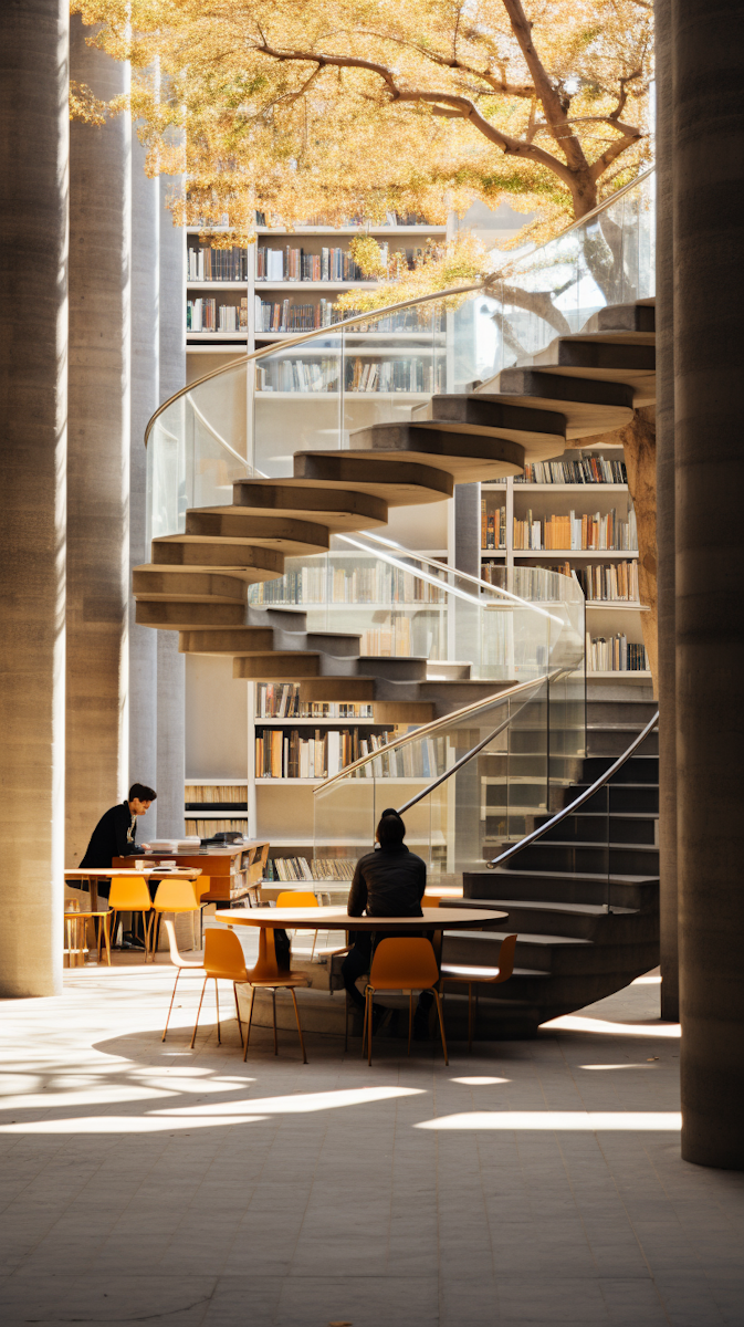 Home luminous atrium library with spiral staircase